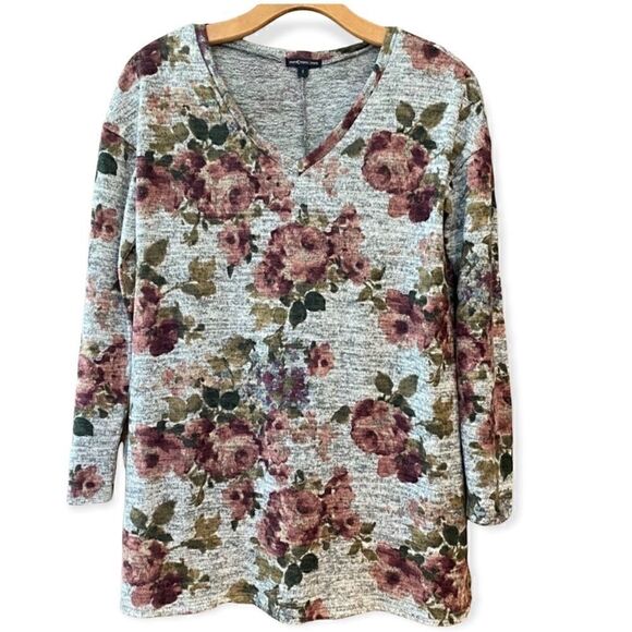 Mm3 Sz S Gray Pink Large Garden Roses V-Neck Long Sleeve Sweater - Picture 1 of 7
